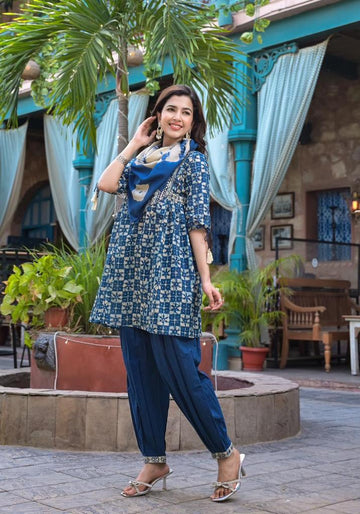Varanga Blue Mirror Work Yoke Embroidered A-Line Kurta With Afghan Bottom And With Dupatta